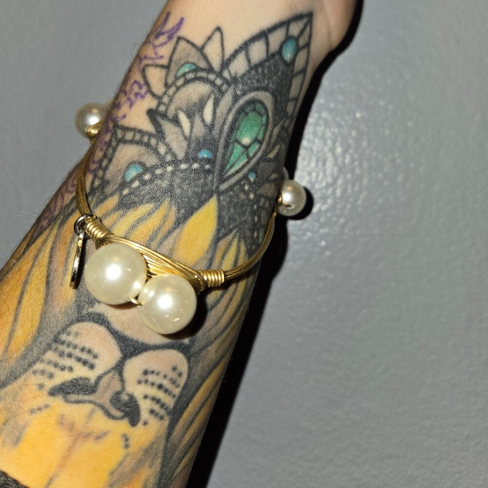 Bourbon and Bowties Faux Pearl Gold Bangle Bracelet Summer Beach Style
